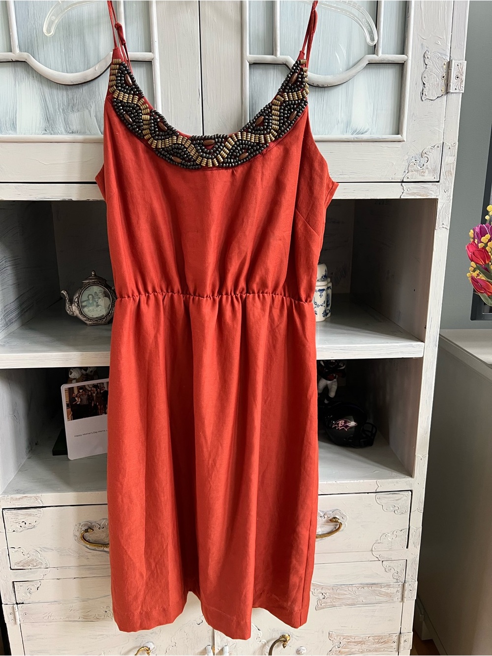 Beaded Neckline Red Summer Dress 6